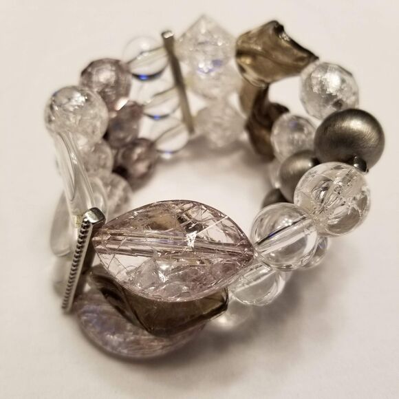 Vintage Chunky Lucite Beaded Statement Bracelet Clear Silver Smoky Y2K Boho Glam - Picture 2 of 7